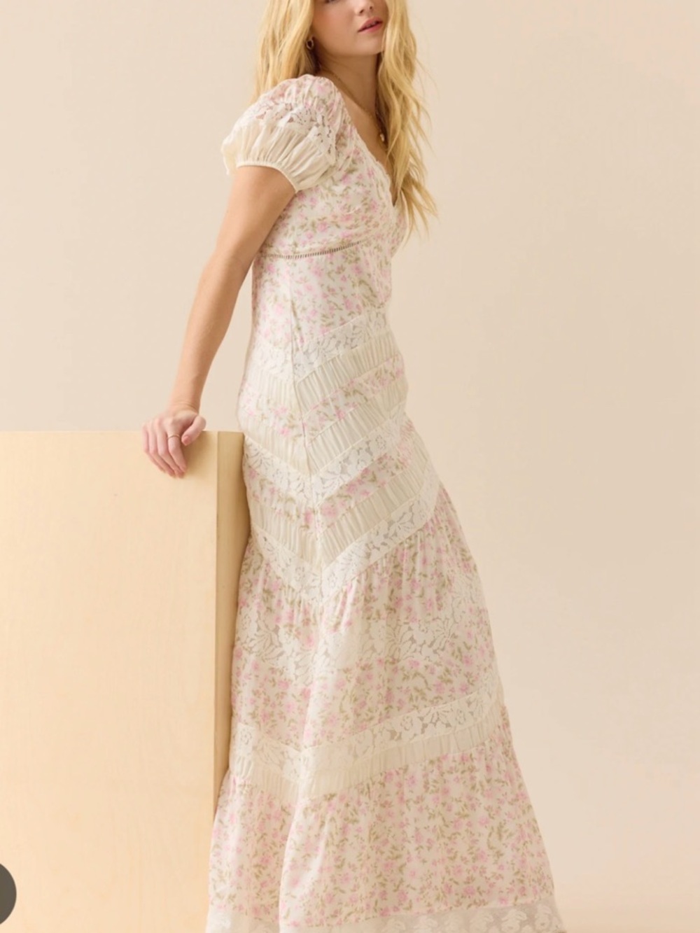 Altar'd State Ivory and Pink Floral Puff-Sleeve Maxi Dress - Picture 3 of 7